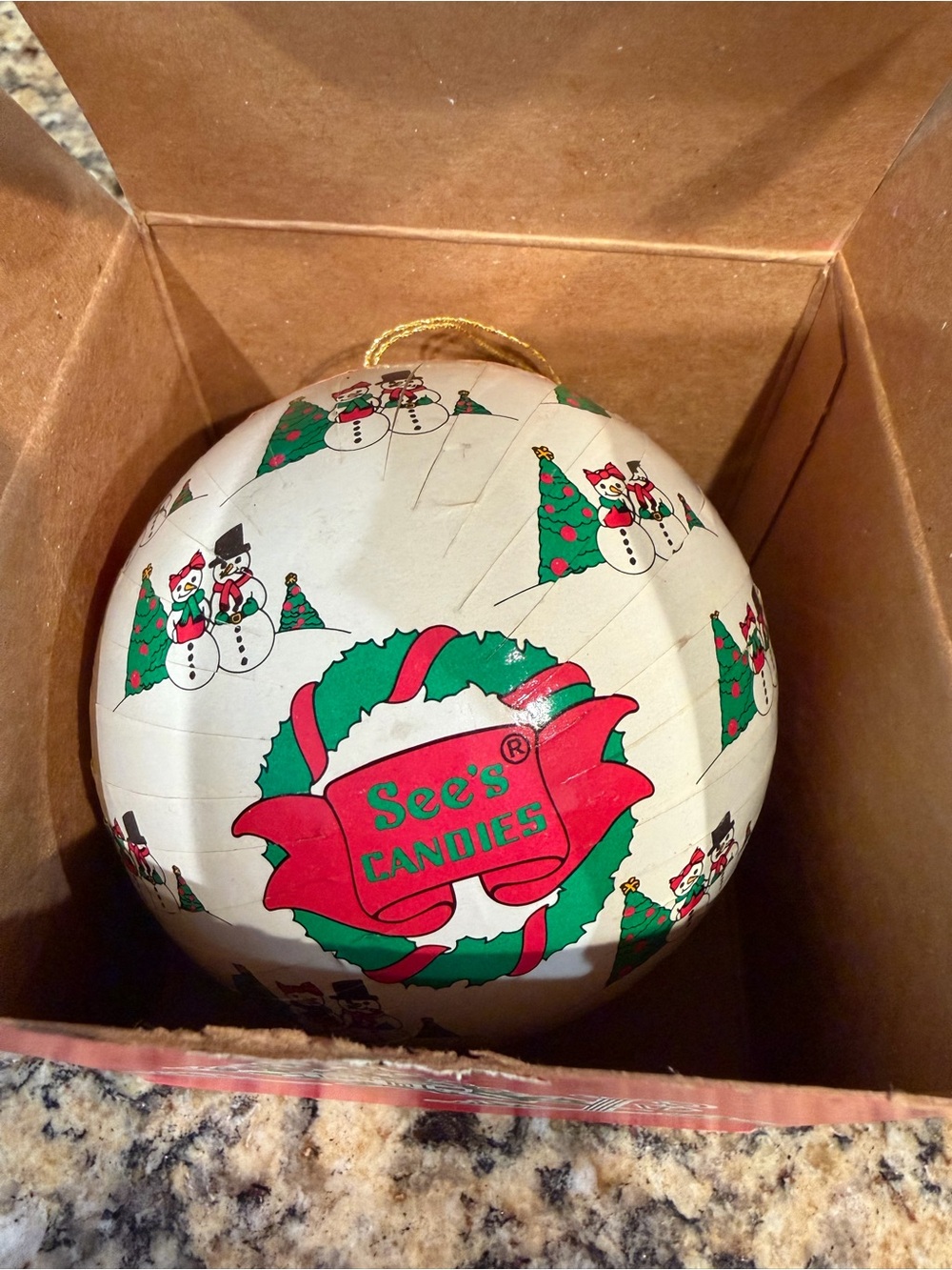 Vintage See’s Candies Snowman Christmas Ornament Candy Container